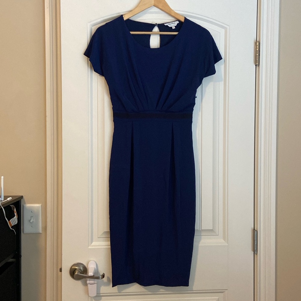 Max Mara Dress Sheath Short Sleeve Blue Cinched Waist Size 38 Made in Italy